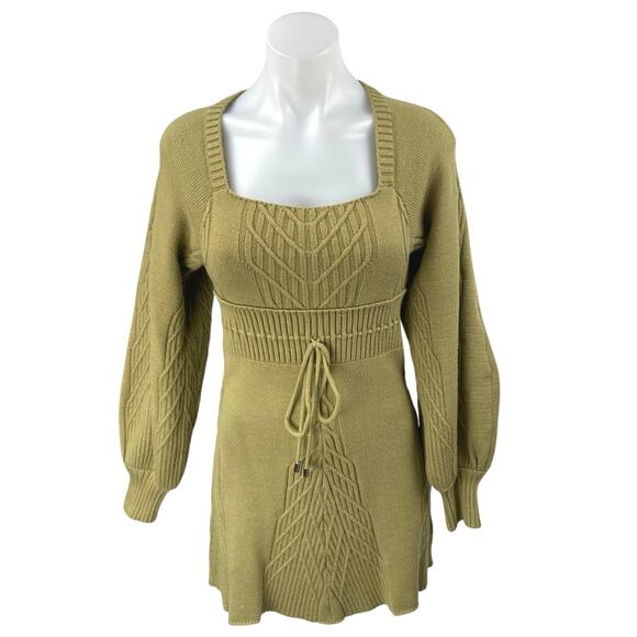 Free People Emmaline Green Long Balloon Sleeve Cutout Back Mini Sweater Dress S - Picture 1 of 4